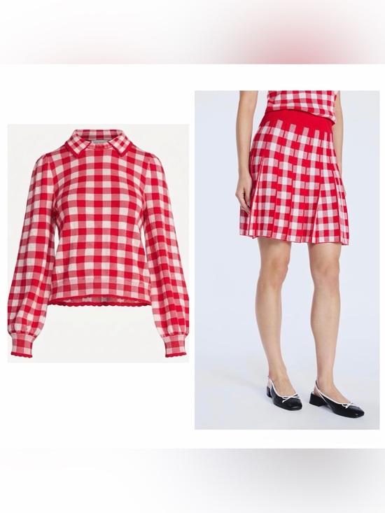 Free Assembly Dresses & Skirts - Free Assembly, Red & White Gingham Knit Collared Sweater and A-line Skirt Set, L